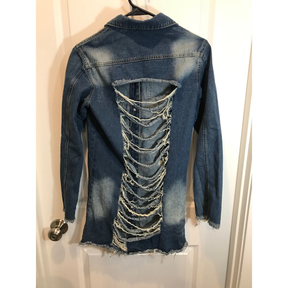 Distressed Long Denim Ripped Jacket Medium - Picture 2 of 5